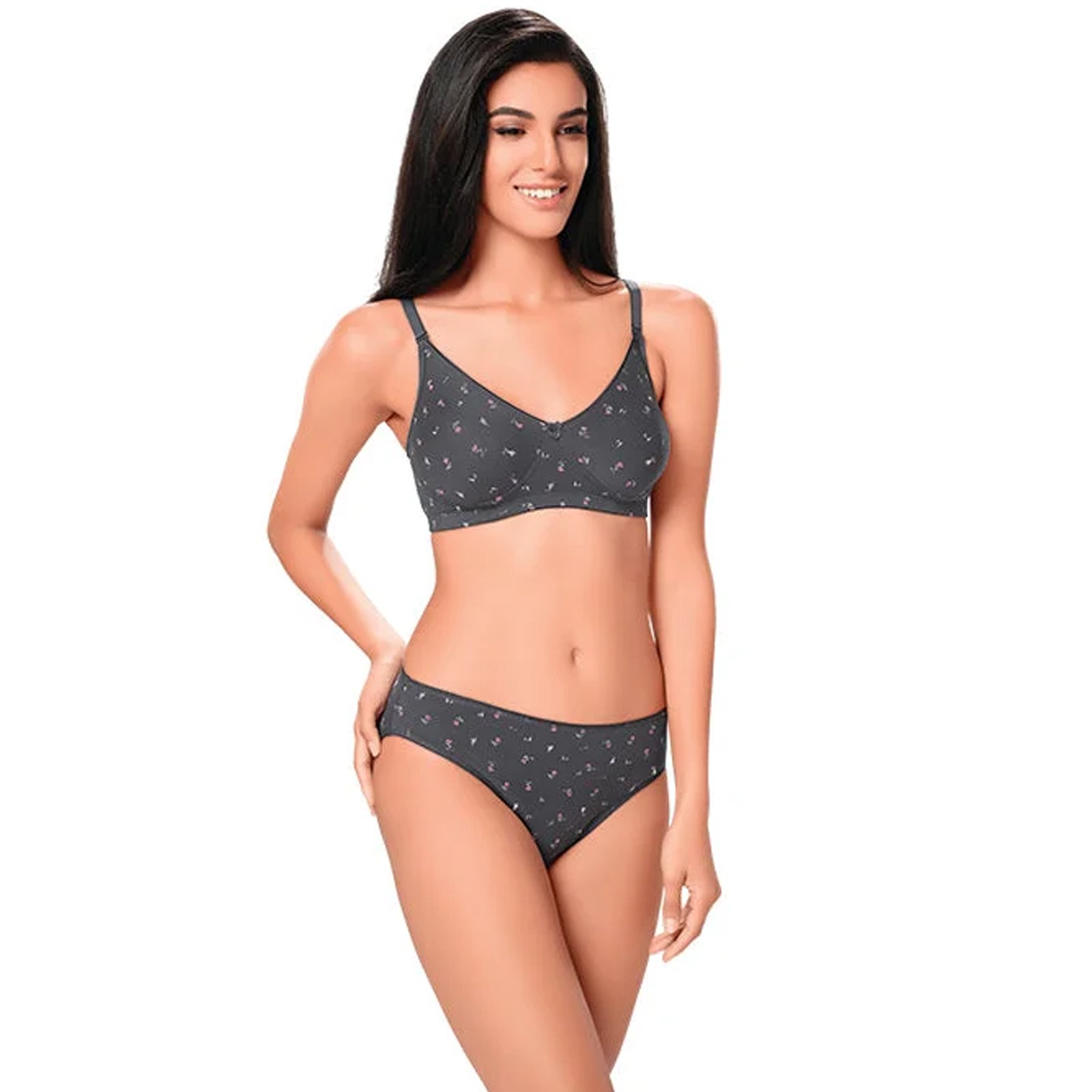 1925-1 Non-Padded-Non-Wired-Cotton-Solid-Bra SET-Grey - Image 1